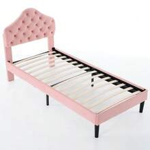 Twin Size Upholstered Platform Bed Frame With Adjustable Headboard, Velvet Single Bed With Wood Slat Support, No Box Spring Needed, Easy Assembly, 90x200cm - 粉色 - 查看 12