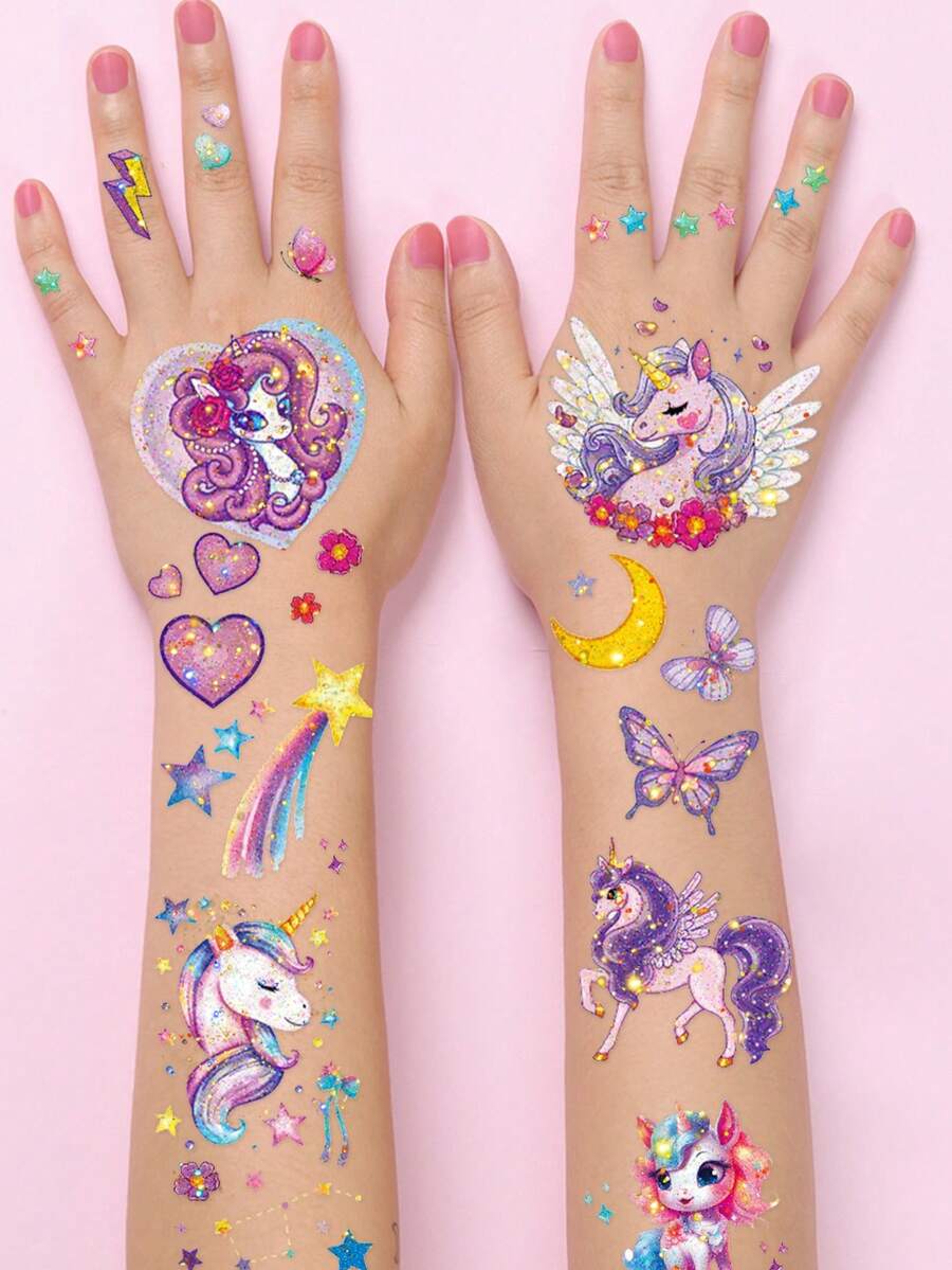 STARTTOOS 5 Sheets Glitter Unicorn 49 Patterns Temporary Tattoo Stickers, Cute Cartoon Waterproof Glitter Rainbow Color Unicorn Balloon Star Design Pattern Birthday Party Christmas Gift Event Holiday Party Set