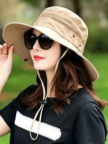 1pc Women's Wide Brim Bucket Hat With Adjustable Chin Strap And Hollow Mesh Top, Suitable For Outdoor Hiking And Fishing - Beige - View 6