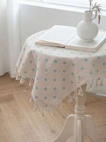 Bubaba Taplak Meja Katun Poliester Motif Bunga Boho dengan Rumbai, Penutup Meja Motif Bunga Daisy Biru Muda untuk Meja Bundar/Persegi, Taplak Meja Dekoratif Gaya Rumah Pertanian untuk Dapur dan Ruang Makan - Krem - View 3