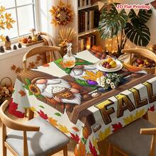 1/2pcs Autumn Tablecloth, Autumn Harvest Theme Tablecloth, Polyester Material, Three Little Gnomes Wearing Hats Sitting On A Bench Holding Pumpkin, Maple Leaf, Sunflower, Black Bird, Pine Cone Decor, Kitchen, Dining Room, Coffee Table, Dining Table, Picnic, Camping, Country Farmhouse Decoration, Thanksgiving Autumn Holiday Tabletop Protection Decor - Multicolor - View 7