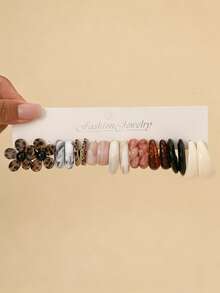 9/10/38 Pairs Vintage Maillard Color Acrylic Hoop Earring Set, Marble Neutral Tone&Asymmetric Surface Texture, Women Accessory - Multicolor - View 3