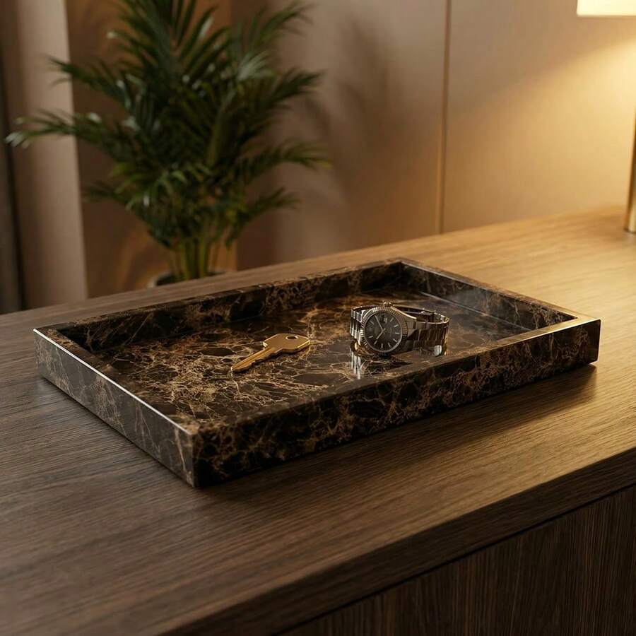 Bandeja rectangular de mármol natural, color blanco negro café, organizador de almacenamiento para baño, tocador, joyas, relojes y llaves - marrón café - Ver 1