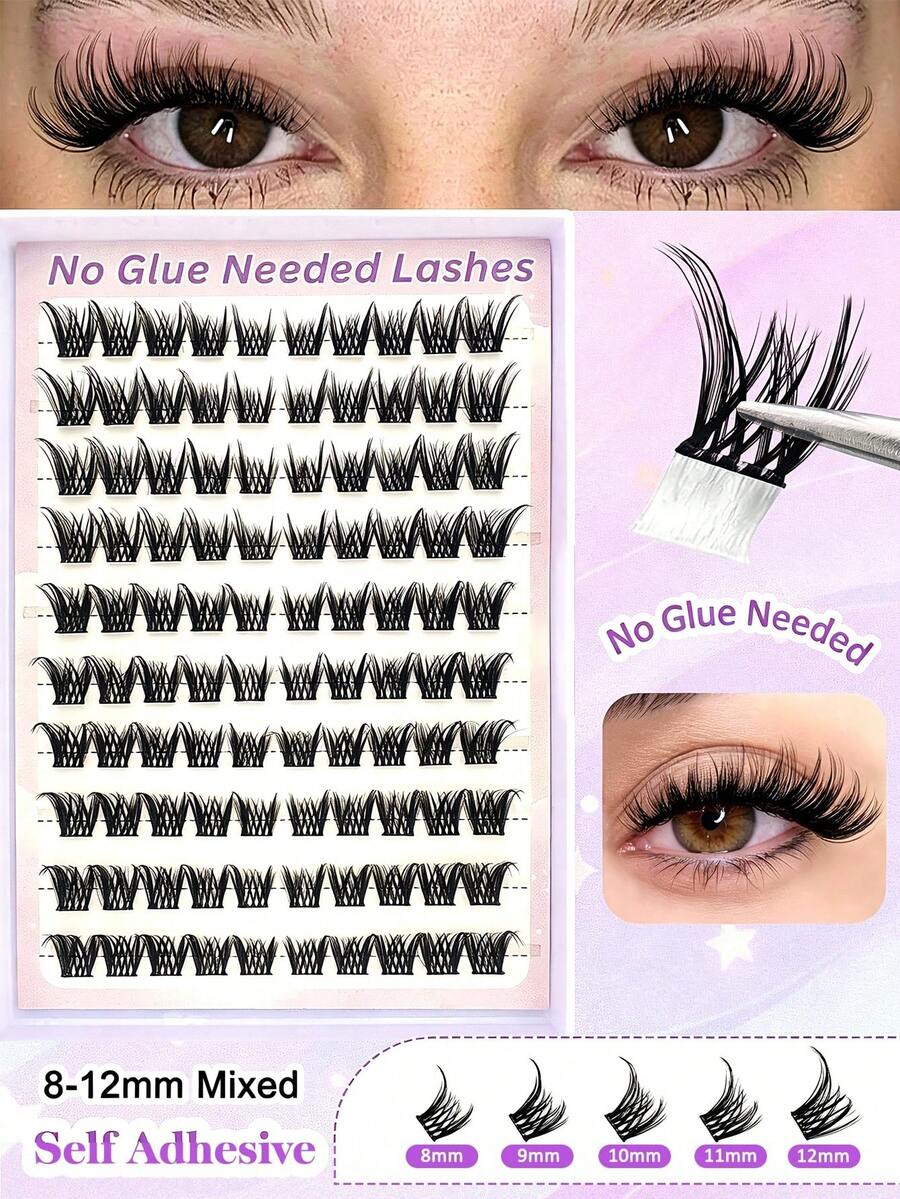 100pcs Self-Adhesive 8-12mm Mixed Length Angel Eyelashes Set, Densely Packed Angel Eyelashes Self-Adhesive DIY Eyelash Extension, Natural Curly Cluster False Eyelashes - Black - View 1