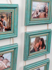 1pc Rustic Distressed Teal Wooden Hanging Collage Photo Frame Set, Rope Chain Connected Multi-Hole Wall Hanging Photo Frame, Vintage Gold Frame, Suitable For Family And Couple Photos, Bedroom Living Room Gallery Wall Home Decor - Green - View 10