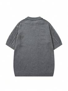Men's Unisex Polo Collar Knit Top, Casual Business Commute Loose Fit Short Sleeve Pullover T-Shirt, Spring/Summer - Dark Grey - View 5