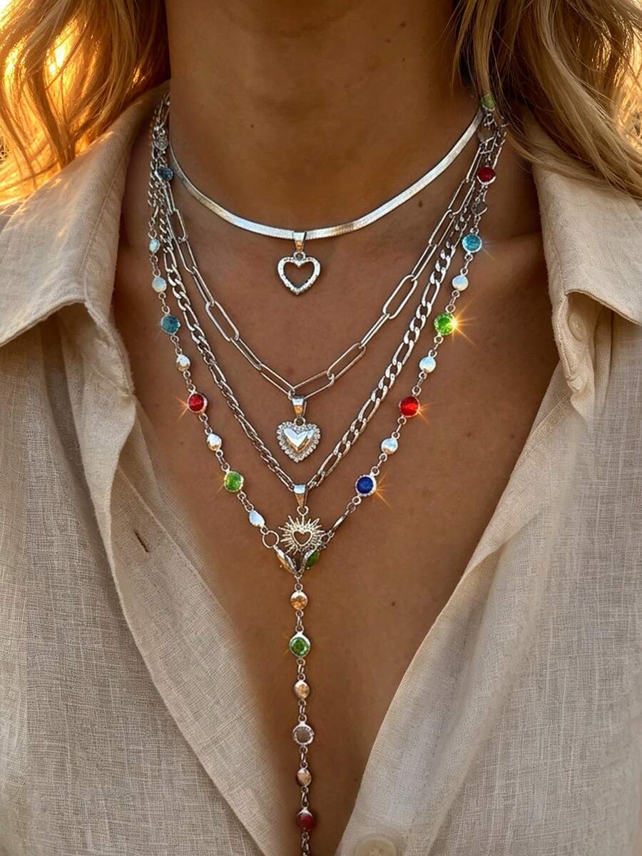 4pcs Y-Shaped Necklace Vintage, Elegant Multi-Layered Heart & Sun Colorful Rhinestone Bling Bling Shiny Chain Snake Bone Chain Minimalist Metal Style Pendant Necklace Set, Long Necklace, Fashion Simple Elegant Exquisite Retro Design, Holiday Vacation Party Date Gift, Daily Commute Wear - Silver - View 1