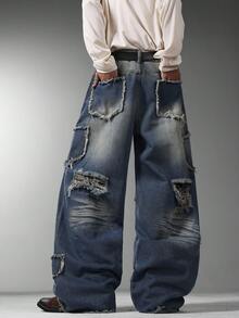 Modcrash Japanese Street Art Spliced Men Jeans, Retro Ripped Wide Leg Pants, Loose Casual All Season Wear (No Belt & Accessories) Fall/Autumn/Winter - Blue - View 4
