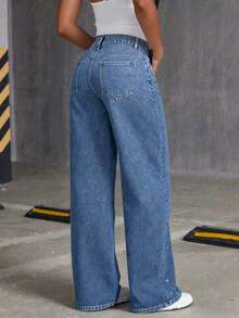 Fashionable Rhinestone Embellished Loose Wide-Leg Jeans For Teenage Girls - Dark Wash - View 3