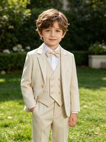 4pcs Young Boy Formal Suit Set: Single-Breasted Jacket, Vest, Pants And Bow Tie - Beige - View 2