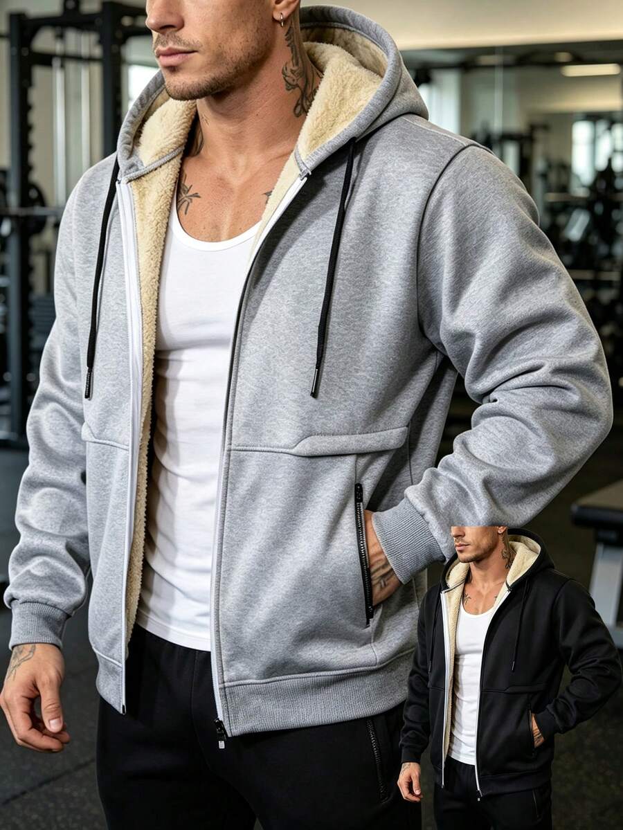 Casual Retro Thermal Lined Hooded Jacket Men's Winter Versatile Sports Hoodie - Light Grey - View 1