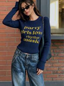Women's Autumn/Winter Colorblock Letter Vintage Casual Slimming Crew Neck Pullover Sweater - Blue - View 3