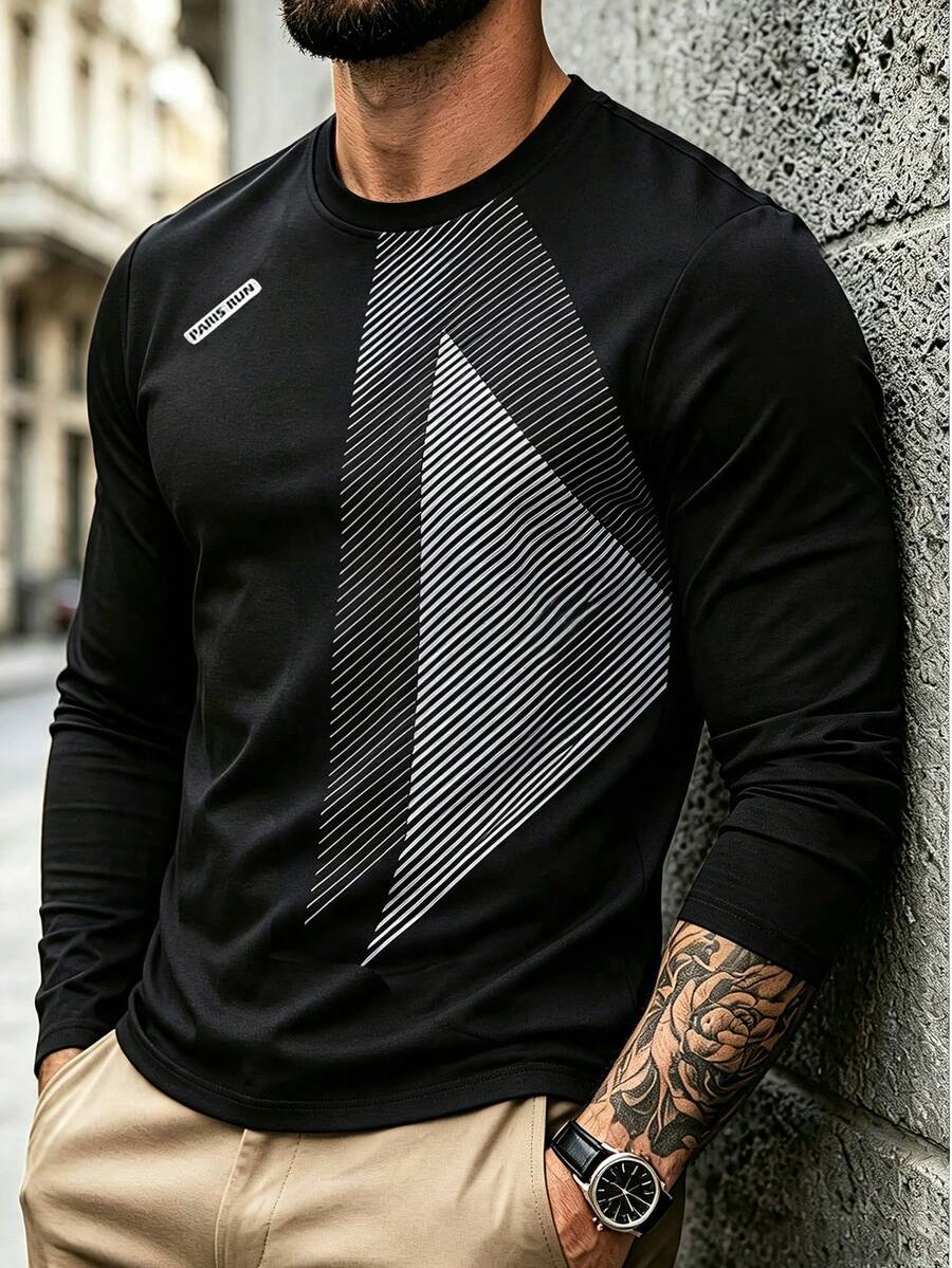 Men's Long Sleeve Crew Neck Geometric Print Sweatshirt, Casual Sports Top, Versatile Black - Black - View 1
