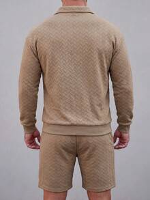 Men's Casual Daily Textured Solid Color Drawstring Short Sleeve & Long Pants 2 Pieces Set 74.8 Men's Pullover Sweatshirt Set - Khaki - View 4