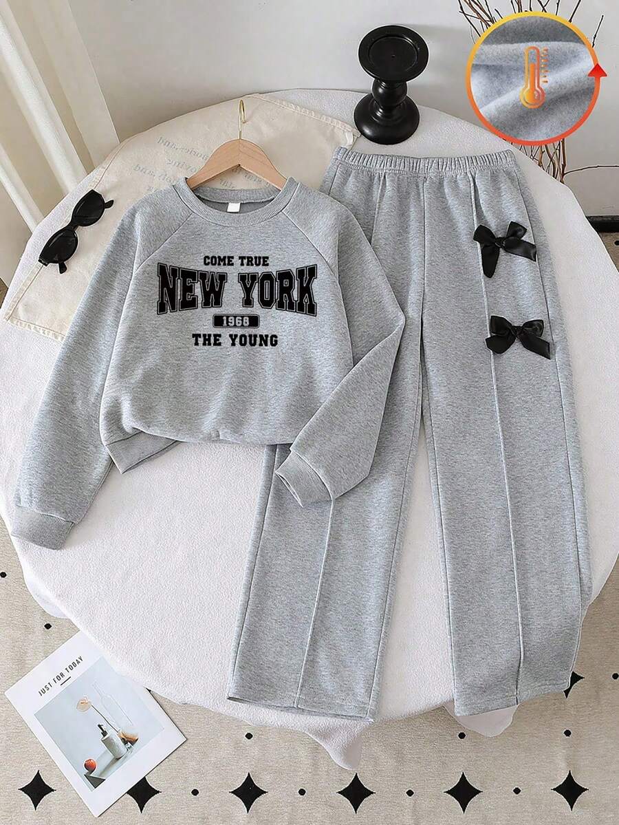 Girls Letter Print Crew Neck Long Sleeve Top And Wide Leg Pants With Bow Decor, Autumn/Winter - Grey - View 1