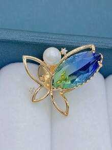 1pc Anti-Exposure Brooch For Women, Elegant Blue Pearl Butterfly Brooch Pin Accessory - Gold - View 4