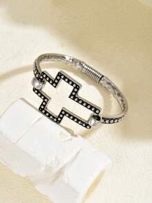 1pc Fashion Vintage Punk Gothic Style Alloy Open Cross Bracelet, Suitable For Women, Gift, Best Friend, Mother's Day, Daily Wear - Antique Silver - View 4