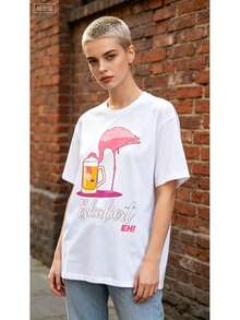 Vintage Loose-Fit Short Sleeves T Shirt,Features A Flamingo Beer Pattern,Vintage Fabric, - 白色 - 查看 6