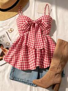 女款夏季細肩帶背心，格子紋度假畢業婚禮返校穿搭，復古風可愛休閒浪漫鄉村風，寬鬆舒適下擺紅色背心，Vacationcore - 紅色 - 查看 1