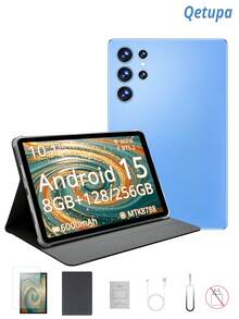 Qetupa 10.1 吋 Android 15 平板電腦，附保護殼與螢幕保護貼，8GB RAM + 128GB/256GB 儲存空間（支援 1TB SD 卡擴充），HD (1280x800) 觸控螢幕，5MP 前置相機與 13MP 後置相機，6000mAh 電池（不含充電適配器） - 藍色 - 查看 1