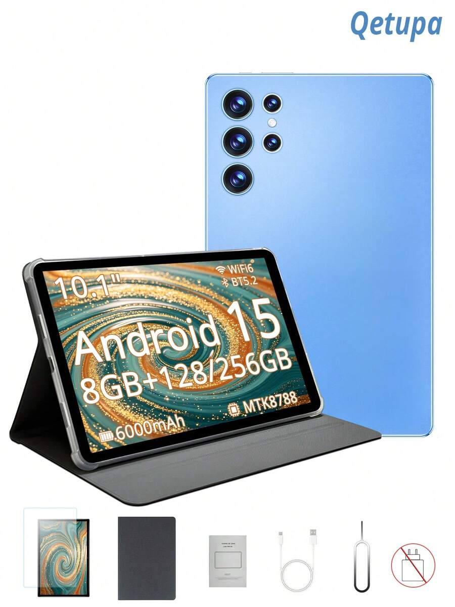 Qetupa 10.1 吋 Android 15 平板電腦,附保護殼與螢幕保護貼,8GB RAM + 128GB/256GB 儲存空間(支援 1TB SD 卡擴充),HD (1280x800) 觸控螢幕,5MP 前置相機與 13MP 後置相機,6000mAh 電池(不含充電適配器) - 藍色 - 查看 1