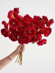 1/2/6pcs 1.74ft Artificial Flowers, Silk 5-Head Lotus & Peony Long Stem Faux Flowers, Suitable For Wedding Party, Ceremony Decoration, DIY Floral Arrangement, Home Living Room Bedroom Dining Room Decoration, Room Bedroom Kitchen Decoration, Party And Holiday Decoration - Red - View 1