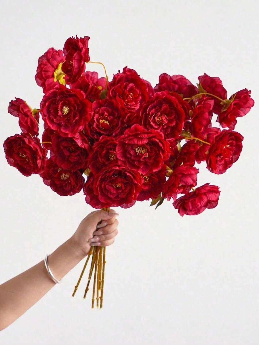 1/2/6pcs 1.74ft Artificial Flowers, Silk 5-Head Lotus & Peony Long Stem Faux Flowers, Suitable For Wedding Party, Ceremony Decoration, DIY Floral Arrangement, Home Living Room Bedroom Dining Room Decoration, Room Bedroom Kitchen Decoration, Party And Holiday Decoration - Red - View 1