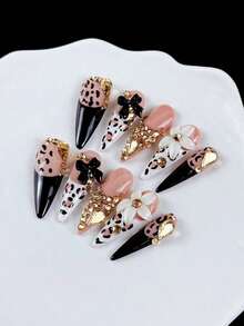 10 Peças Unhas Postiças Premium Estilo Doce e Cool Girl Pintadas à Mão com Estampa de Leopardo, Laço 3D, Flor e Pedra Preciosa Dourada Feitas à Mão - Multicolorido - Visão 4
