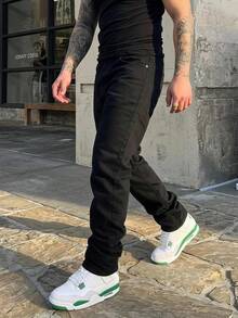 DAZY 弹力牛仔裤，男士直筒日常修身牛仔裤，棉质面料斜插口袋，百搭 - 黑色 - 查看 1