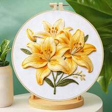 3D 浮雕百合花刺繡全套材料包，粉色/黃色/紫色 3 色可選，適合初學者的絲線刺繡套組，附圓形刺繡框，居家裝飾，節日手工禮物 - 多色 - 查看 7