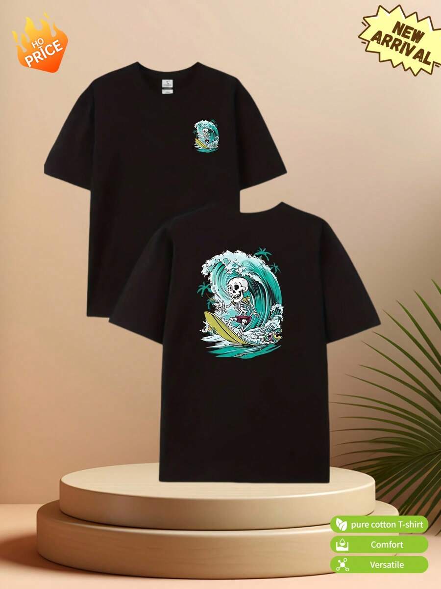 Men'S T-Shirt Double-Sided Print Versatile Exquisite - 黑色 - 查看 1