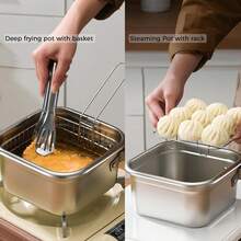 3Pcs Square Stainless Steel Deep Fryer Pot, Cooking Pan With Frying Basket And Tongs, Multi-Functional Deep Pan For Household Kitchen Use - 3pcs - View 5
