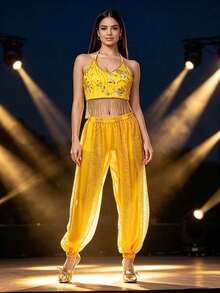 Bohemian Floral Rhinestone Fringe Halter Crop Top With Sparkly Sheer Mesh Harem Pants For Carnival Parades, Desert Festivals & Vacation Shooting (Available In Multiple Colors) - Multicolor - View 14