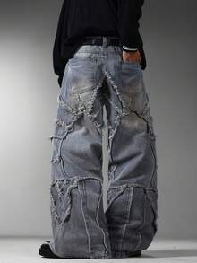 Gothic American Retro Men's Flare Jeans, Classic Splicing Design, Unique Hand Painted Denim Pants (Belt & Accessories Not Included) - Blue - View 6
