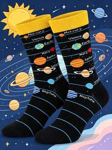1/3/5 Pairs Cartoon Planet Autumn/Winter Simple Men's Mid-Calf Socks, Best Gift For Boyfriend And Girlfriend, Halloween And Christmas - Multicolor - View 1