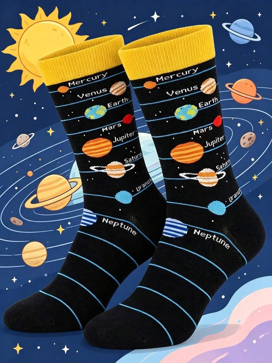 1/3/5 Pairs Cartoon Planet Autumn/Winter Simple Men's Mid-Calf Socks, Best Gift For Boyfriend And Girlfriend, Halloween And Christmas - Multicolor - View 1