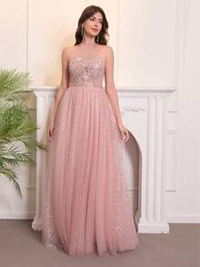 Women's Elegant Backless Sleeveless Long Tulle Ball Gown, Decorated With Applique And Sequin Details, Suitable For Prom And Formal Occasions - Dusty Pink - View 3
