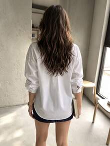 Women's Casual Commute Solid Color Front Button Pocket Dropped Shoulder Loose Fit Long Sleeve Shirt - White - View 2