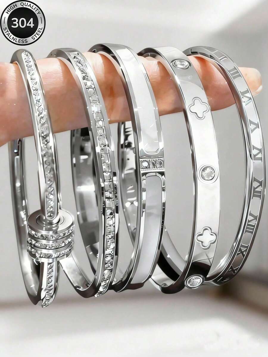Silver 304 Stainless Steel Thin Bracelet Collection For Women, Rotating Ball Full Rhinestone Square Zirconia White Mother Of Pearl Four-Leaf Clover Inlaid Zirconia Roman Pattern Non-Fading Open Bangle, Lightweight Luxury Stackable Bracelet, Versatile Thin Bangle For Daily Commute - Silver - View 1