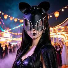 1pc Cool Dark Rivet PU Leather Fox Mask, Punk Metal Chain Tassel Animal Ear Decor Mask, Unisex Halloween Costume Party Cosplay Accessory - Multicolor - View 11