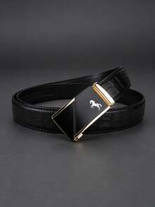 Designed With Premium Business Horse Print Automatic Buckle Belt, High-End Minimalist Men's PU Belt, Suitable For Office Wear, Essential Gift, Black And Brown Dual Colors Available - Multicolor - View 4