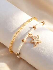 2pcs/Set Summer Bohemian Style Beaded Anklet Set With Starfish And Shell, Women's Beach Anklet - Gold - View 3