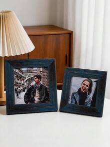 1pc Vintage Distressed Dark Blue Wood Grain Square Photo Frame, Thick Layered Wide Border, Desktop And Wall Mount Display Frame, Horizontal And Vertical Universal, Suitable For Travel Photos, Portraits, Farmhouse Style Living Room Home Decor - Multi-color - View 1
