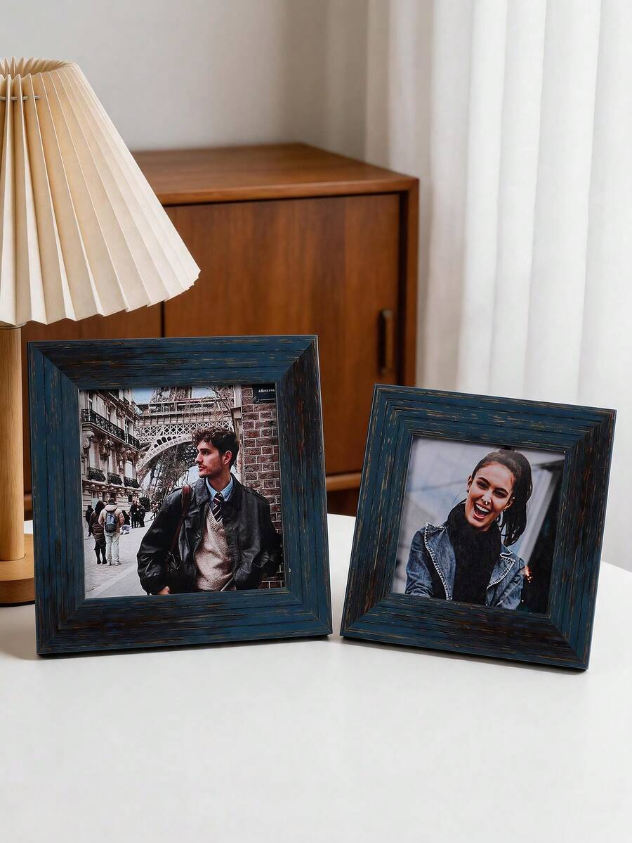 1pc Vintage Distressed Dark Blue Wood Grain Square Photo Frame, Thick Layered Wide Border, Desktop And Wall Mount Display Frame, Horizontal And Vertical Universal, Suitable For Travel Photos, Portraits, Farmhouse Style Living Room Home Decor - Multi-color - View 1