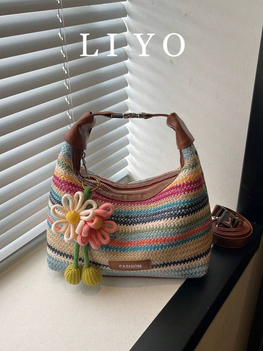 Colorful Striped Women's Handbag, Fashionable Straw Woven Handbag With Flower Pendant, Versatile Shoulder Bag And Crossbody Bag