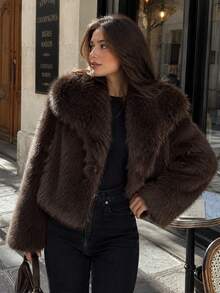 Women's Faux Fur Jacket, Fluffy Coat, Autumn/Winter Outfit, Women's Fashion New Long Sleeve Plush Short Coat - Coffee Brown - View 2