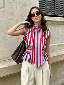 Spring/Summer Women's Elegant Red & Blue Striped Sleeveless Shirt With Bow Collar, Front Button-Down Cardigan, Ruffle Hem Blouse, Suitable For Office And Casual Wear - Red and Blue - View 3