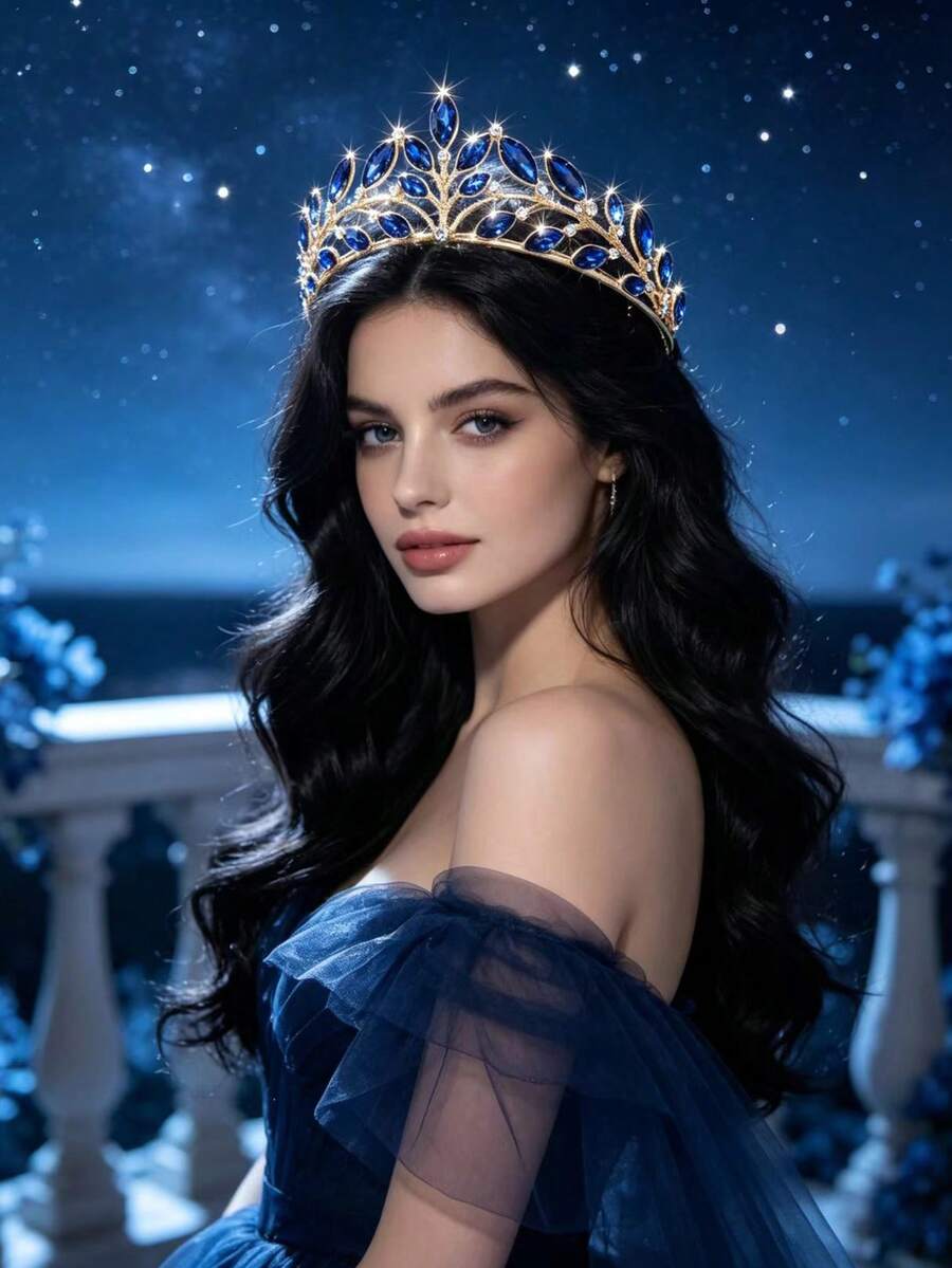 1件女款時尚公主皇冠甜美水鑽生日髮飾髮箍 - 44026寶藍色 - 查看 1