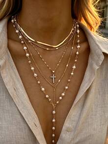 4pcs Y-Shaped Layered Necklace Set, Fashionable Minimalist Elegant Exquisite Vintage Design Geometric Flower Shell Faux Pearl Metal Style Multi-Layer Pendant Y-Necklace Set, Holiday Vacation Party Date Gift, Daily Commute Wear, Personalized - Yellow Gold - View 4