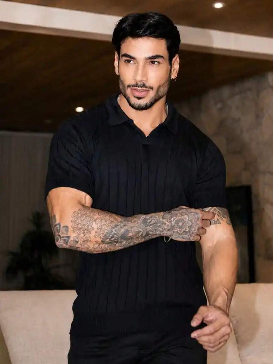 Men's Chic Lightweight Textured Knit Sweater Shirt, High Quality, Perfect For Autumn And Winter, Father's Day. - 黑色 - 查看 1